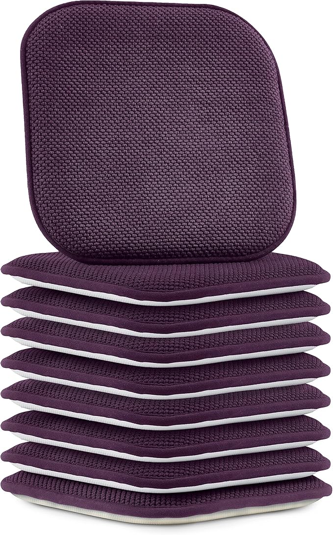 Elegant Comfort Chair Cushion Covers with Ties and Non Skid Rubber Backing-Thick Memory Foam - Soft Cushion Pad- Rounded Square Seat Cover-16 x 16 Inches- Honeycomb Textured Pattern, Set of 8, Purple