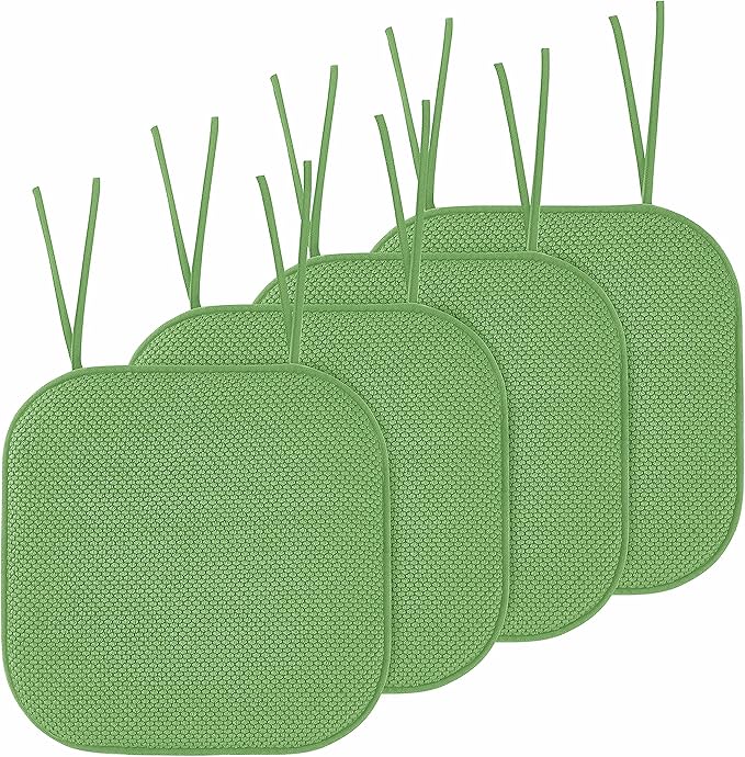 Elegant Comfort Chair Cushion Covers with Ties and Non Skid Rubber Backing-Thick Memory Foam - Soft Cushion Pad- Rounded Square Seat Cover-16 x 16 Inches- Honeycomb Textured Pattern, Set of 4, Green