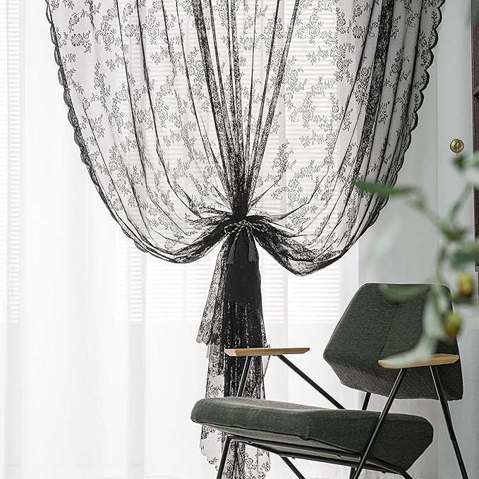 Sutuo Home Black Lace Curtains 84 Inches Long 2 Panels Set, Sheer Panels Gothic Retro Florals Vintage Voile Window Treatment for Bedroom/Living Room/Halloween Decor Rod Pocket W57 x L84