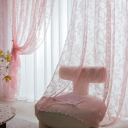 Sutuo Home Pink Lace Curtains 84 Inches Long 2 Panels Set, Blush Sheer Country Retro Florals Vintage Voile Window Treatment for Girls Bedroom/Living Room/Old World Decor Rod Pocket W57 x L84