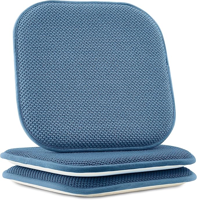 Elegant Comfort Chair Cushion Covers with Ties and Non Skid Rubber Backing-Thick Memory Foam - Soft Cushion Pad- Rounded Square Seat Cover-16 x 16 Inches- Honeycomb Textured Pattern, Set of 2, Blue