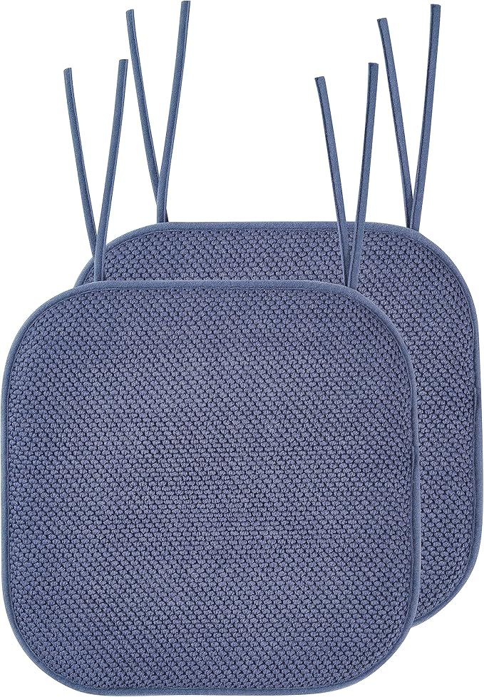 Elegant Comfort Chair Cushion Covers with Ties and Non Skid Rubber Backing-Thick Memory Foam - Soft Cushion Pad- Rounded Square Seat Cover-16 x 16 Inches- Honeycomb Textured Pattern, Set of 2, Navy