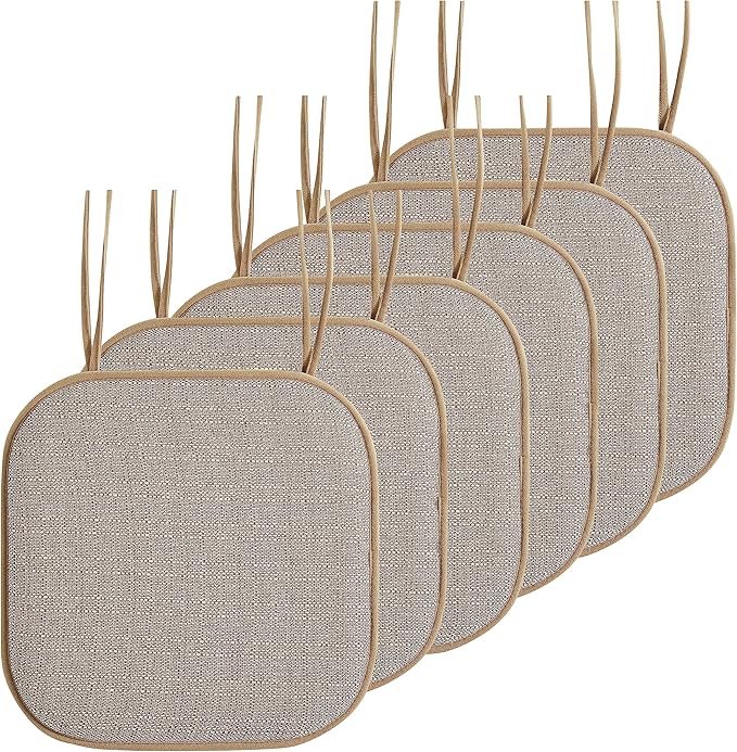 Elegant Comfort Chair Cushion Covers with Ties and Non Skid Rubber Backing-Thick Memory Foam - Soft Cushion Pad- Rounded Square Seat Cover- 16 x 16 Inches - Set of 6 Mosaic Textured Pattern, Taupe