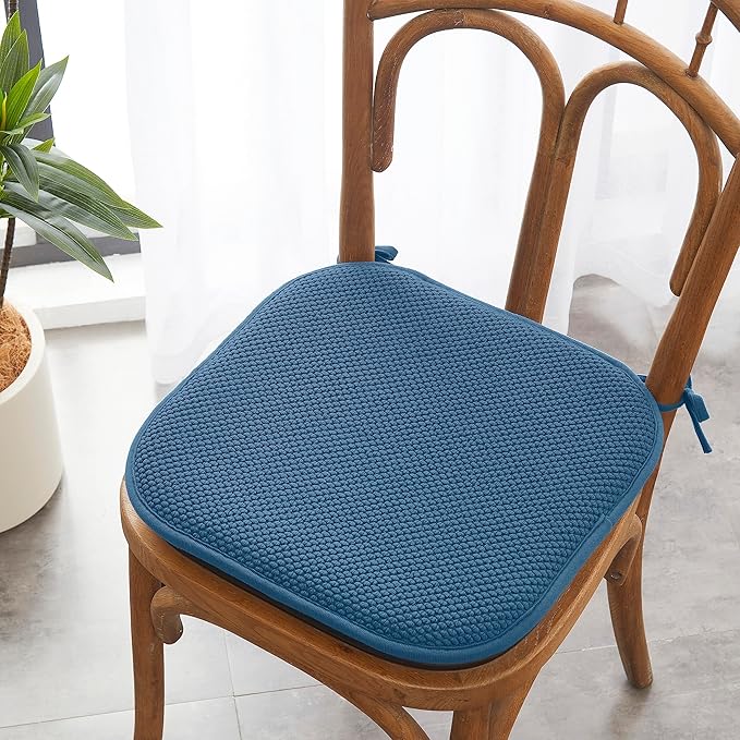 Elegant Comfort Chair Cushion Covers with Ties and Non Skid Rubber Backing-Thick Memory Foam - Soft Cushion Pad- Rounded Square Seat Cover-16 x 16 Inches- Honeycomb Textured Pattern, Set of 8, Blue