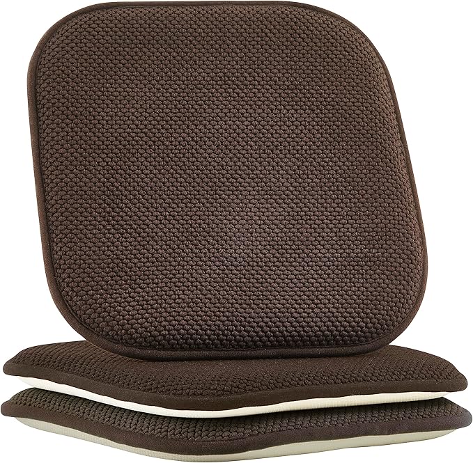 Elegant Comfort Chair Cushion Covers with Ties and Non Skid Rubber Backing-Thick Memory Foam - Soft Cushion Pad- Rounded Square Seat Cover-16 x 16 Inches- Honeycomb Textured Pattern, Set of 2, Brown