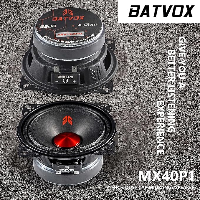 MX40P1 Midrange Loudspeaker 4" Red Dust Cap, 120W Max, 4 Ohms, Premium Quality Audio Door Speakers for Car or Truck Stereo Sound System, Black (2 Speaker)