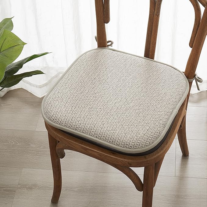 Elegant Comfort Chair Cushion Covers with Ties and Non Skid Rubber Backing-Thick Memory Foam - Soft Cushion Pad- Rounded Square Seat Cover- 16 x 16 Inches - Set of 4 Chevron Textured Pattern, Beige