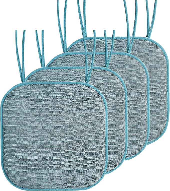 Elegant Comfort Chair Cushion Covers with Ties and Non Skid Rubber Backing-Thick Memory Foam - Soft Cushion Pad- Rounded Square Seat Cover- 16 x 16 Inches - Set of 4 Mosaic Textured Pattern, Aqua