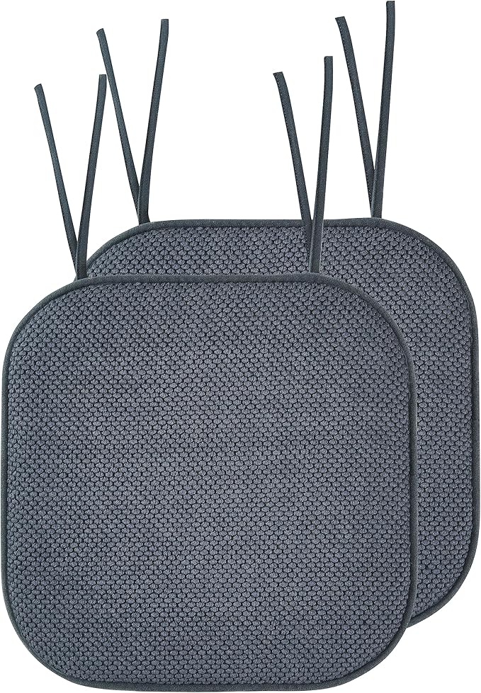Elegant Comfort Chair Cushion Covers with Ties and Non Skid Rubber Backing-Thick Memory Foam - Soft Cushion Pad- Rounded Square Seat Cover-16 x 16 Inches- Honeycomb Textured Pattern, Set of 2, Gray