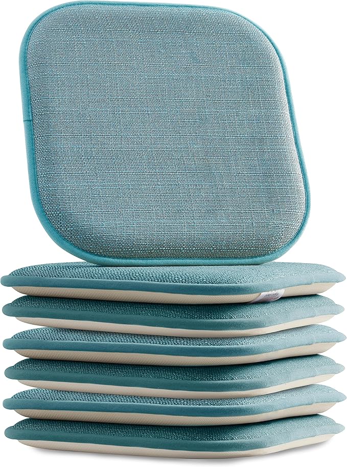 Elegant Comfort Chair Cushion Covers with Ties and Non Skid Rubber Backing-Thick Memory Foam - Soft Cushion Pad- Rounded Square Seat Cover- 16 x 16 Inches - Set of 6 Mosaic Textured Pattern, Aqua