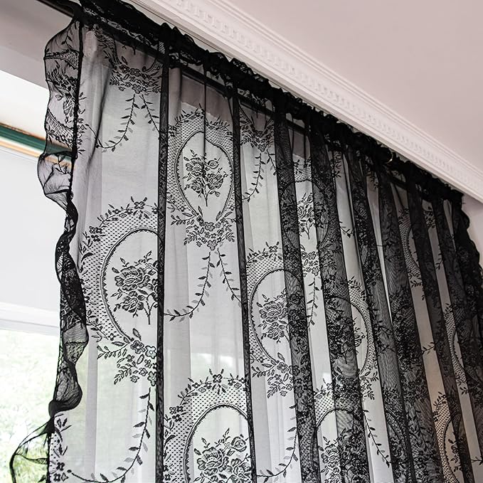 Sutuo Home Black Lace Curtains Set of 2, Sheer Panels 63 Inch Length Rose Floral Embroidery Vintage Ruffled Window Treatment Pair for Bedroom Living Room, Shabby Chic Decor Rod Pocket, W57 x L63