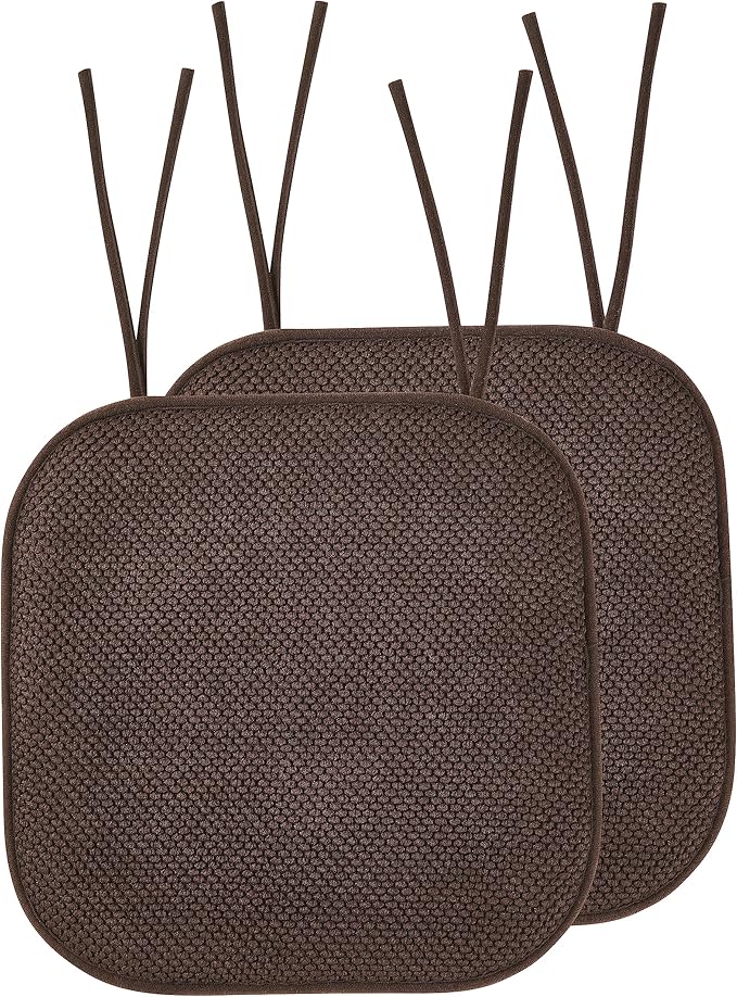 Elegant Comfort Chair Cushion Covers with Ties and Non Skid Rubber Backing-Thick Memory Foam - Soft Cushion Pad- Rounded Square Seat Cover-16 x 16 Inches- Honeycomb Textured Pattern, Set of 2, Brown