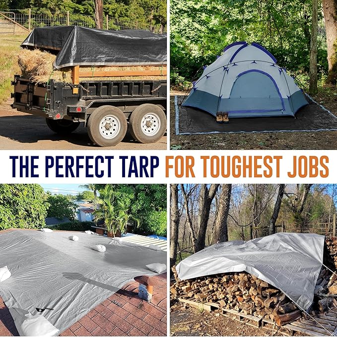 8x10 Ultra Heavy Duty Tarp, Extra Thick 16 Mil, UV Resistant, Grommets Every 18 Inches - Waterproof Plastic Poly Tarpaulin - (Reversible, Silver and Black) (8' x 10 Feet')
