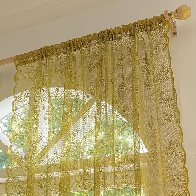 Sutuo Home Sage Green Lace Curtains 63 Inches Long 2 Panels Set, Boho Sheer Length Floral Embroidery Vintage Ruffled Window Treatment Pair for Kitchen Bedroom,Shabby Chic Decor Rod Pocket, W57 x L63