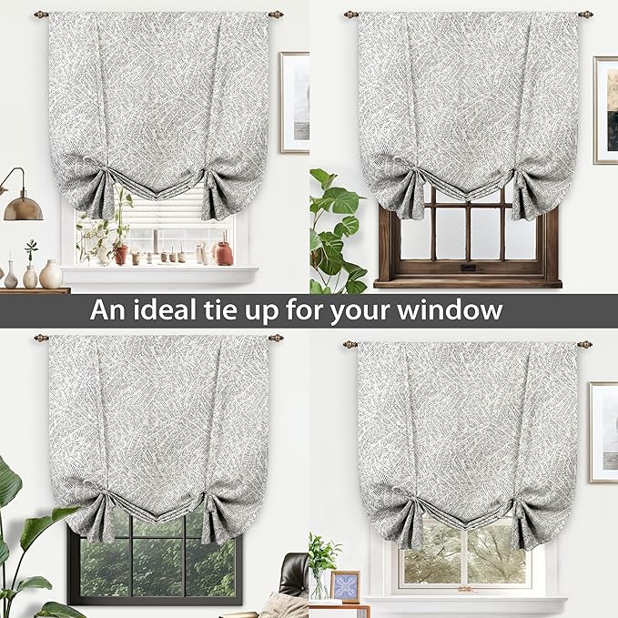 DriftAway Farmhouse Double Layer Linen Blackout Tie Up Curtains Thermal Insulated Striped Fully Lined Balloon Roman Shade Bathroom Window Adjustable Rod Pocket 45 Inch by 63 Inch Roman Black
