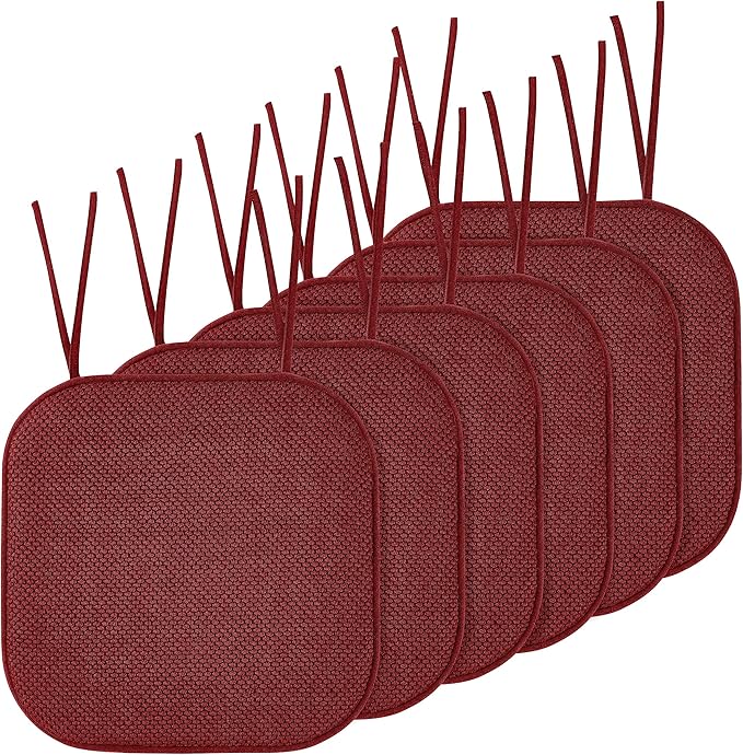 Elegant Comfort Chair Cushion Covers with Ties and Non Skid Rubber Backing-Thick Memory Foam - Soft Cushion Pad- Rounded Square Seat Cover-16 x 16 Inches-Honeycomb Textured Pattern, Set of 6, Burgundy