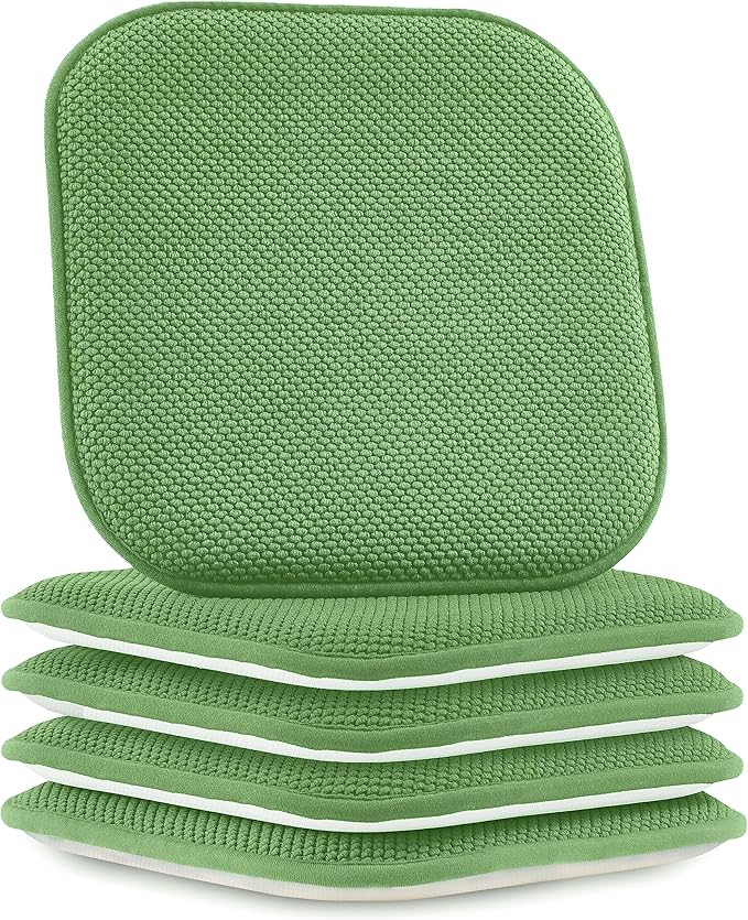 Elegant Comfort Chair Cushion Covers with Ties and Non Skid Rubber Backing-Thick Memory Foam - Soft Cushion Pad- Rounded Square Seat Cover-16 x 16 Inches- Honeycomb Textured Pattern, Set of 4, Green