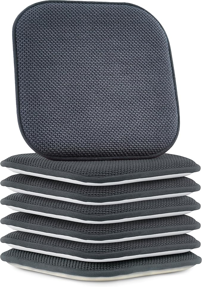 Elegant Comfort Chair Cushion Covers with Ties and Non Skid Rubber Backing-Thick Memory Foam - Soft Cushion Pad- Rounded Square Seat Cover-16 x 16 Inches- Honeycomb Textured Pattern, Set of 6, Gray