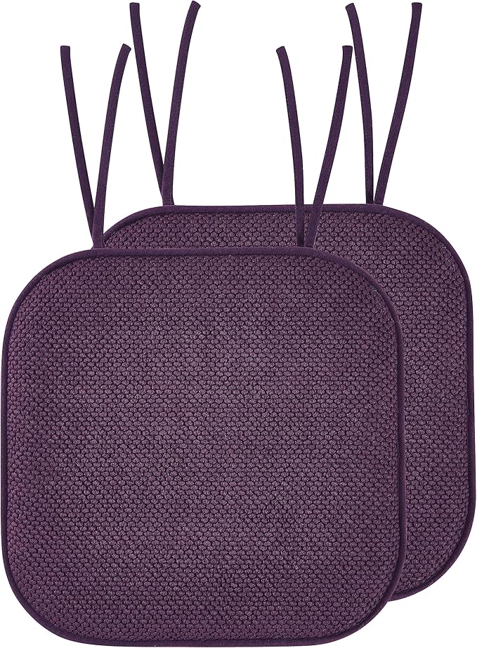 Elegant Comfort Chair Cushion Covers with Ties and Non Skid Rubber Backing-Thick Memory Foam - Soft Cushion Pad- Rounded Square Seat Cover-16 x 16 Inches- Honeycomb Textured Pattern, Set of 2, Purple