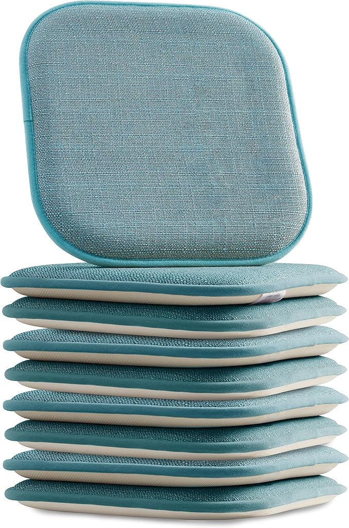 Elegant Comfort Chair Cushion Covers with Ties and Non Skid Rubber Backing-Thick Memory Foam - Soft Cushion Pad- Rounded Square Seat Cover- 16 x 16 Inches - Set of 8 Mosaic Textured Pattern, Aqua