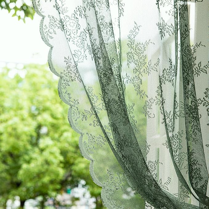 Sutuo Home Lace Curtains 72 Inches Long 2 Panels Set for Bedroom Living Room, Sheer Floral Embroidery Country Farmhouse Window Treatment Pair Christmas Decor, Rod Pocket, W57 x L72,Olive Green