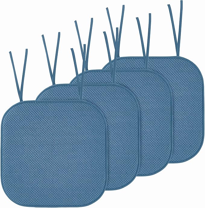 Elegant Comfort Chair Cushion Covers with Ties and Non Skid Rubber Backing-Thick Memory Foam - Soft Cushion Pad- Rounded Square Seat Cover-16 x 16 Inches- Honeycomb Textured Pattern, Set of 4, Blue