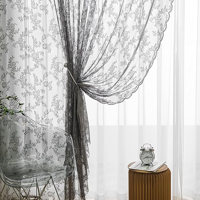 Sutuo Home Lace Curtains 63 Inches Length 2 Panels Set, Gray Sheer Window Floral Vintage Voile Window Panel Treatment for Bedroom/Living Room/Kitchen, Decor Rod Pocket W57 x L63