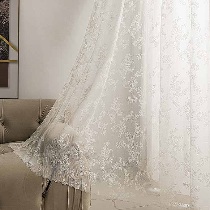 Sutuo Home Ivory Lace Curtains 96 Inches Long 2 Set, Sheer Panels Floral Embroidery Vintage Voile Window Treatment Pair for Bedroom Living Room Kitchen, Retro Christmas Decor Rod Pocket, W57 x L96