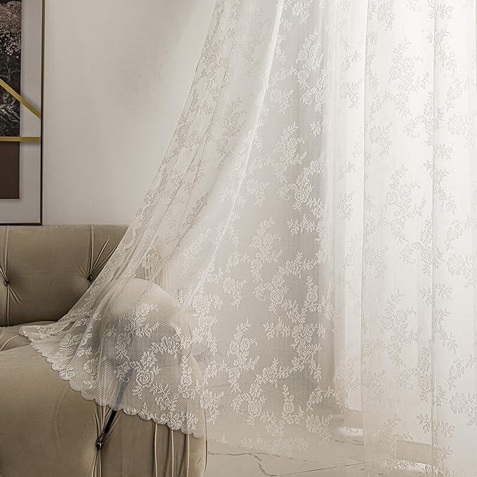 Sutuo Home Ivory Lace Curtains Set of 2, Sheer Panels 72 Inch Length Floral Embroidery Vintage Voile Window Treatment Pair for Bedroom Living Room Kitchen, Shabby Chic Decor Rod Pocket, W57 x L72