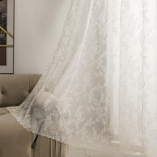 Sutuo Home Ivory Lace Curtains Set of 2, Sheer Panels 63 Inch Length Floral Embroidery Vintage Voile Window Treatment Pair for Bedroom Living Room Kitchen, Shabby Chic Decor Rod Pocket, W57 x L63