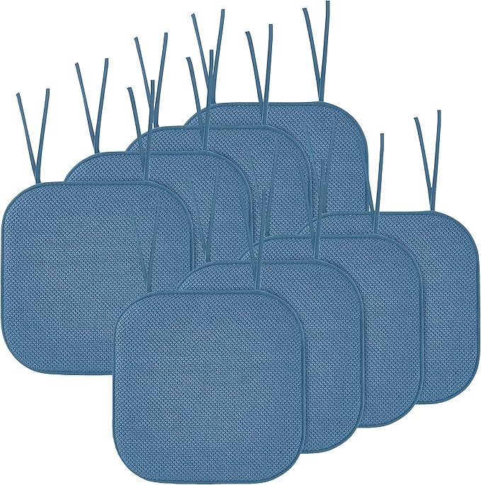 Elegant Comfort Chair Cushion Covers with Ties and Non Skid Rubber Backing-Thick Memory Foam - Soft Cushion Pad- Rounded Square Seat Cover-16 x 16 Inches- Honeycomb Textured Pattern, Set of 8, Blue