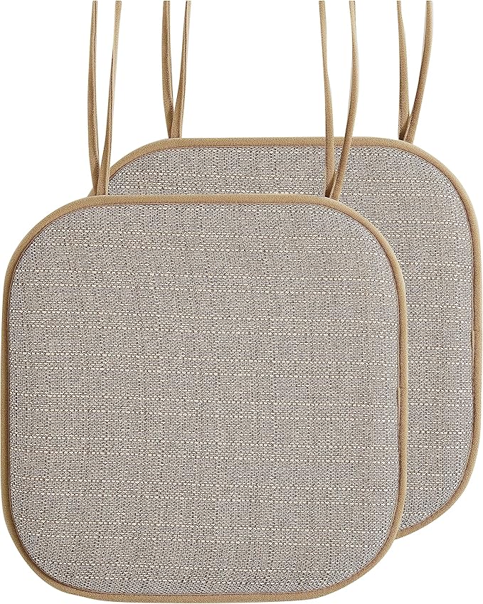 Elegant Comfort Chair Cushion Covers with Ties and Non Skid Rubber Backing-Thick Memory Foam - Soft Cushion Pad- Rounded Square Seat Cover- 16 x 16 Inches - Set of 2 Mosaic Textured Pattern, Taupe