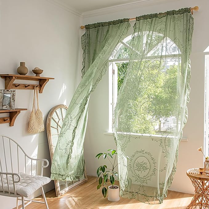 Sutuo Home Olive Green Lace Curtains 72 Inches Long 2 Panels Set, Sheer Panels Rose Floral Embroidery Ruffled Vintage Window Treatment Pair for Nursery Bedroom Living Room, Rod Pocket, W57 x L72