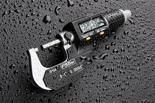 Fowler 54-860-001-1, Digital Coolant Resistant Micrometer with 0-1"/25mm Measuring Range, Flat Anvil & Spindle, Black/Gray