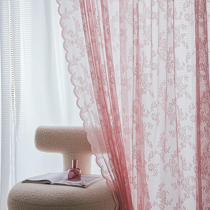 Sutuo Home Pink Lace Curtains 84 Inches Long 2 Panels Set, Blush Sheer Country Retro Florals Vintage Voile Window Treatment for Girls Bedroom/Living Room/Old World Decor Rod Pocket W57 x L84