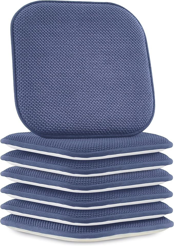 Elegant Comfort Chair Cushion Covers with Ties and Non Skid Rubber Backing-Thick Memory Foam - Soft Cushion Pad- Rounded Square Seat Cover-16 x 16 Inches- Honeycomb Textured Pattern, Set of 6, Navy