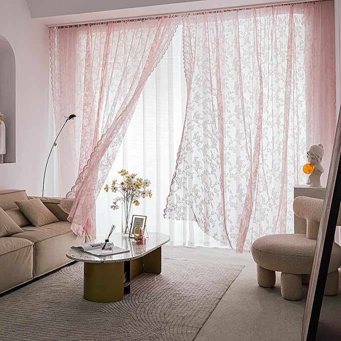 Sutuo Home Pink Lace Curtains 96 Inches Long 2 Panels Set, Blush Sheer Florals Vintage Voile Window Panel Treatment Pair for Girls Bedroom/Living Room/Kitchen, Decor Rod Pocket W57 x L96