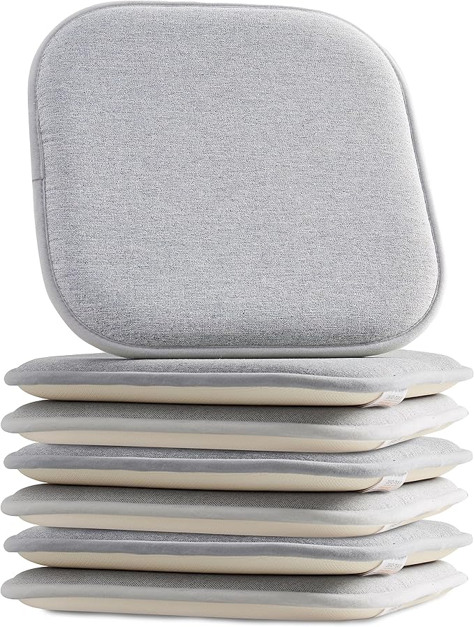 Elegant Comfort Chair Cushion Covers with Ties and Non Skid Rubber Backing-Thick Memory Foam - Soft Cushion Pad- Rounded Square Seat Cover- 16 x 16 Inches - Set of 6 Thatch Textured Pattern, Gray
