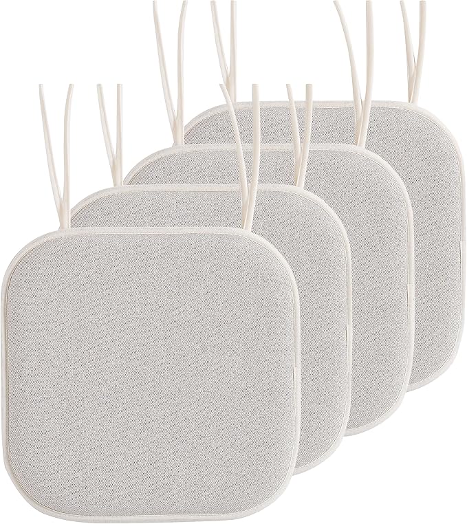 Elegant Comfort Chair Cushion Covers with Ties and Non Skid Rubber Backing-Thick Memory Foam - Soft Cushion Pad- Rounded Square Seat Cover- 16 x 16 Inches - Set of 4 Thatch Textured Pattern, Cream