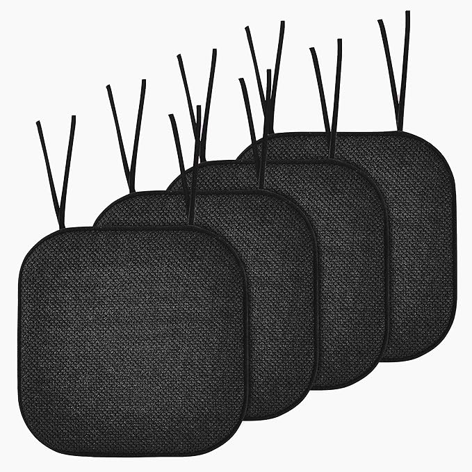 Elegant Comfort Chair Cushion Covers with Ties and Non Skid Rubber Backing-Thick Memory Foam - Soft Cushion Pad- Rounded Square Seat Cover-16 x 16 Inches- Honeycomb Textured Pattern, Set of 4, Black