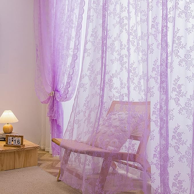Sutuo Home Lace Curtains 2 Panels Set, Purple Sheer 72 Inch Long Window Floral Vintage Voile Window Panel Treatment for Bedroom/Living Room/Kitchen, Decor Rod Pocket W57 x L72