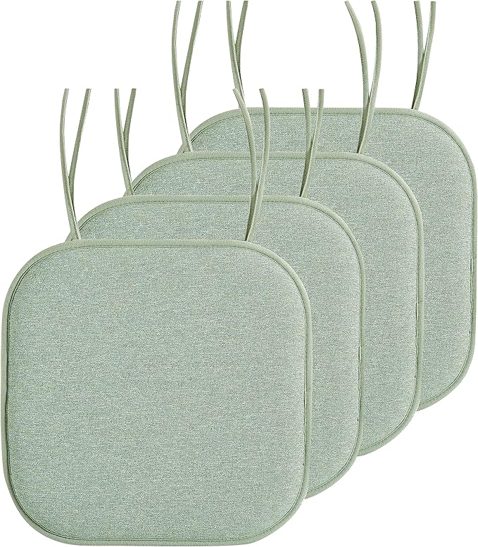 Elegant Comfort Chair Cushion Covers with Ties and Non Skid Rubber Backing-Thick Memory Foam - Soft Cushion Pad- Rounded Square Seat Cover- 16 x 16 Inches - Set of 4 Thatch Textured Pattern, Sage