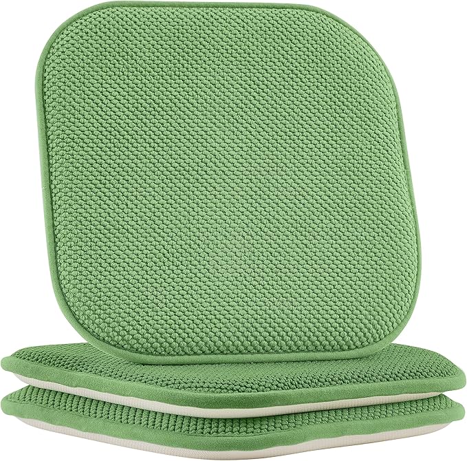 Elegant Comfort Chair Cushion Covers with Ties and Non Skid Rubber Backing-Thick Memory Foam - Soft Cushion Pad- Rounded Square Seat Cover-16 x 16 Inches- Honeycomb Textured Pattern, Set of 2, Green