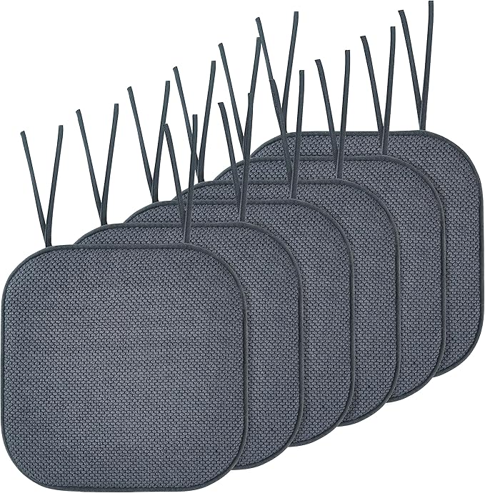 Elegant Comfort Chair Cushion Covers with Ties and Non Skid Rubber Backing-Thick Memory Foam - Soft Cushion Pad- Rounded Square Seat Cover-16 x 16 Inches- Honeycomb Textured Pattern, Set of 6, Gray