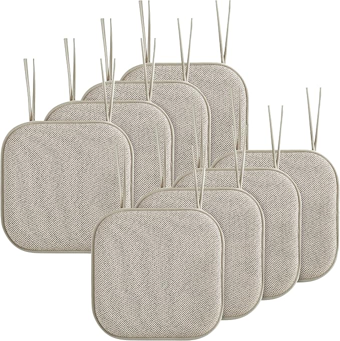 Elegant Comfort Chair Cushion Covers with Ties and Non Skid Rubber Backing-Thick Memory Foam - Soft Cushion Pad- Rounded Square Seat Cover- 16 x 16 Inches - Set of 8 Chevron Textured Pattern, Beige