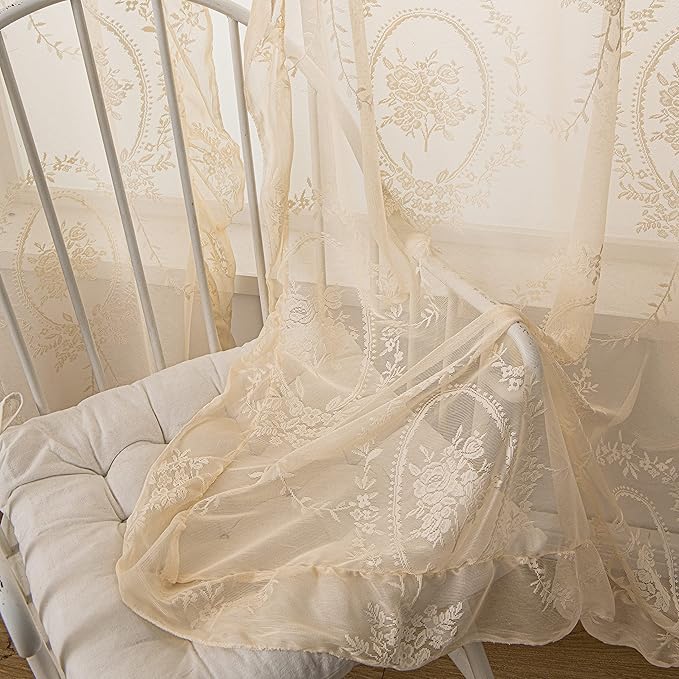 Sutuo Home Beige Lace Curtains 96 Inches Long 2 Set, Sheer Panels Rose Floral Embroidery Vintage Voile Window Treatment Pair for Bedroom Living Room, Retro Christmas Decor Rod Pocket, W57 x L96