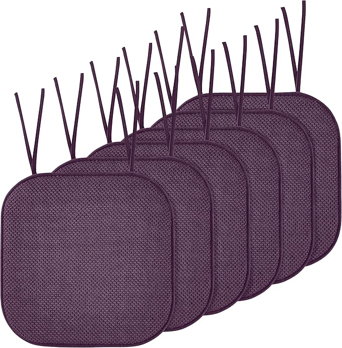 Elegant Comfort Chair Cushion Covers with Ties and Non Skid Rubber Backing-Thick Memory Foam - Soft Cushion Pad- Rounded Square Seat Cover-16 x 16 Inches- Honeycomb Textured Pattern, Set of 6, Purple