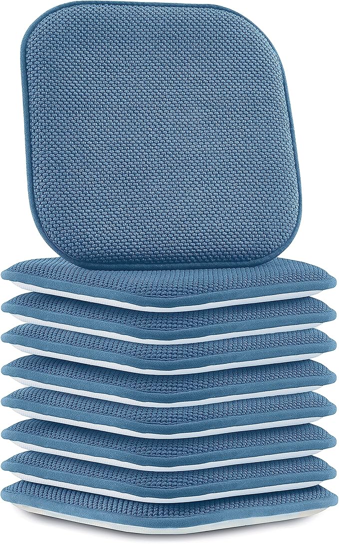 Elegant Comfort Chair Cushion Covers with Ties and Non Skid Rubber Backing-Thick Memory Foam - Soft Cushion Pad- Rounded Square Seat Cover-16 x 16 Inches- Honeycomb Textured Pattern, Set of 8, Blue