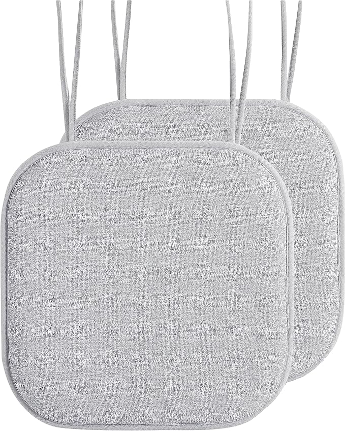 Elegant Comfort Chair Cushion Covers with Ties and Non Skid Rubber Backing-Thick Memory Foam - Soft Cushion Pad- Rounded Square Seat Cover- 16 x 16 Inches - Set of 2 Thatch Textured Pattern, Gray