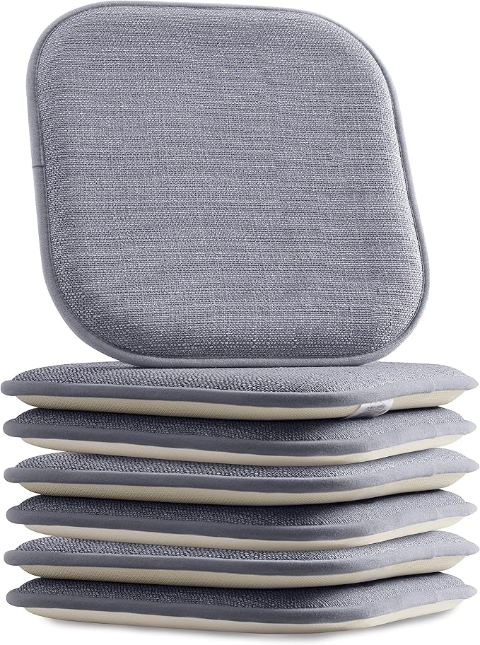 Elegant Comfort Chair Cushion Covers with Ties and Non Skid Rubber Backing-Thick Memory Foam - Soft Cushion Pad- Rounded Square Seat Cover- 16 x 16 Inches - Set of 6 Mosaic Textured Pattern, Gray
